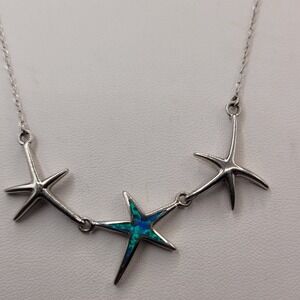 Sterling Silver Blue Inlay Opal Three Linked Starfish Necklace